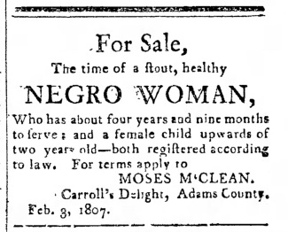 1807 Advertisement from Moses McClean to sell two slaves.